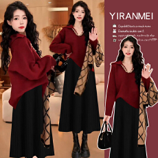 新品现现~2026秋冬气质氛围感红色v领喜庆跨年毛衣+吊带裙两件套