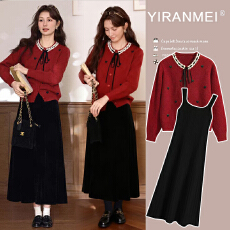 批发实拍现现~2026秋冬新款网红时尚小香风蝴蝶结跨年圣诞喜庆连衣裙