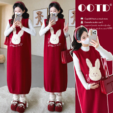 批发<b class='q'>实拍</b>现现~2026冬新款时尚跨年红色网红小兔马甲裙+打底<b class='q'>孕妇</b><b class='q'>套装</b>