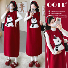 批发<b class='q'>实拍</b>现现~2026冬新款时尚跨年红色网红雪人马甲裙+打底<b class='q'>孕妇</b><b class='q'>套装</b>