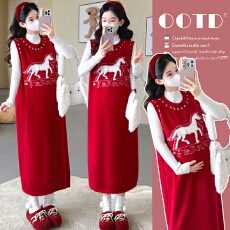 批发<b class='q'>实拍</b>现现~2026冬新款时尚圣诞跨年红色本命年马年马甲裙<b class='q'>孕妇</b><b class='q'>套装</b>