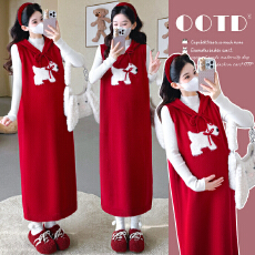 批发实拍现现~2026冬季<b class='q'>新款</b>时尚圣诞跨年小马连帽马甲裙+打底孕妇套装