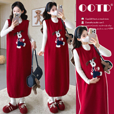 批发实拍现现~2026冬<b class='q'>新款</b>时尚圣诞跨年红色网红熊马甲裙+打底孕妇套装