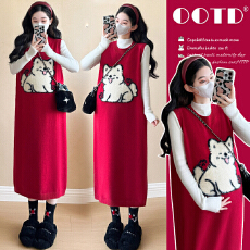 实拍现现~2026秋冬新款网红时尚跨年圣诞小狗马甲裙+打底衫套装