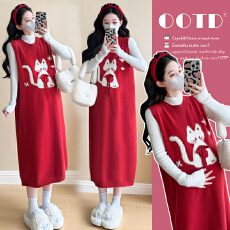 实拍现现~2026冬新款韩版时尚减龄显瘦发财猫厚马甲裙+打底衫套装