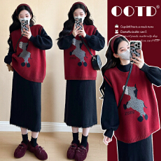 实拍现现~2026秋冬新款网红时尚圣诞跨年喜庆马甲+流苏打底裙套装