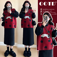 实拍现现~2026秋冬新款网红时尚圣诞跨年喜庆马甲+流苏打底裙套装