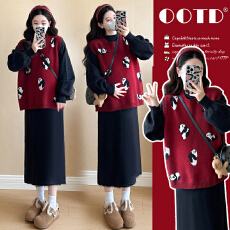 实拍现现~2026秋冬新款网红时尚圣诞跨年喜庆马甲+流苏打底裙套装