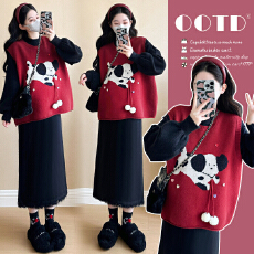 实拍现现~2026冬新款韩版时尚流苏设计显瘦打底裙+小狗马甲两件套