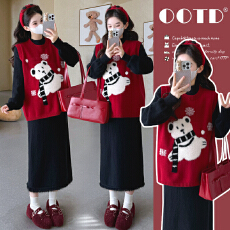 实拍现现~2026冬季新款时尚减龄雪人红色马甲+流苏连衣裙孕妇套装