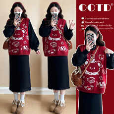 实拍现现~2026秋冬新款网红时尚新年红色喜庆马甲+流苏打底裙套装