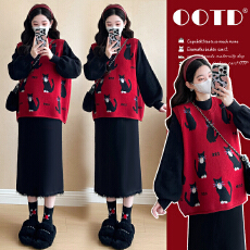 实拍现现~2026秋冬新款网红时尚招财猫跨年喜庆马甲+流苏打底套装