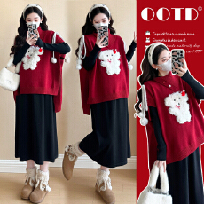 实拍现现～2026冬新款时尚气质显瘦网红跨年圣诞个性斗篷毛衣套装