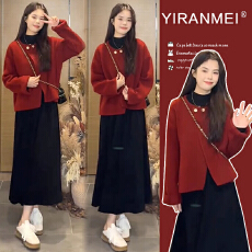 批发新品现现~2026秋冬<b class='q'>新款</b>气质软糯针织百搭喜庆新年毛衣+连衣裙套装