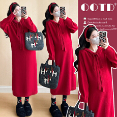 实拍现现~2026冬季新款时尚连帽大飘带设计感跨年圣诞喜庆连衣裙