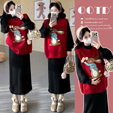 批发实拍现现~2026冬新款时尚跨年红色网红小兔马甲裙+打底孕妇套装