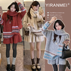 新品现现~2026冬季新款时尚气质减龄圣诞红色蝴蝶结羊毛孕妇套装