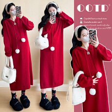 批发实拍现现~2026冬季新款时尚拉链连帽系带小球跨年圣诞喜庆<b class='q'>连衣裙</b>