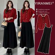 新品现现~2026冬季新款时尚气质减龄圣诞红色喜庆毛衣+打底裙套装