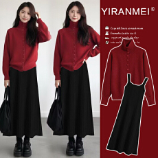 新品现现~2026冬季新款时尚气质减龄圣诞红色喜庆毛衣+打底裙套装