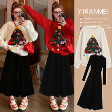 批发新品现现~2026冬新款时尚圣诞跨年网红图案元旦上衣+打底<b class='q'>套装</b>
