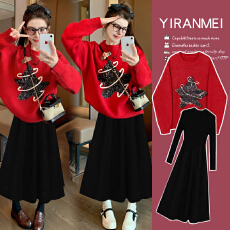 批发新品现现~2026冬新款时尚圣诞跨年网红图案元旦上衣+打底套装