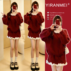 新品现现~2026冬新款时尚圣诞跨年网红图案元旦上衣+打底套装