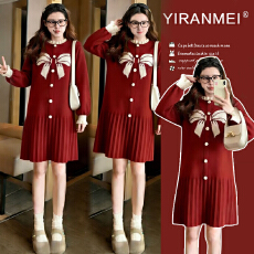 实拍现~2026冬新款时尚圣诞跨年网红图蝴蝶结减龄显瘦喜庆连衣裙