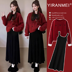 新品现现~2026秋冬新款网红时尚小香风蝴蝶结拼接马甲+打底裙套装