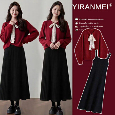 批发新品现现~2026秋冬新款网红时尚小香风蝴蝶结拼接上衣+打底裙套装