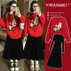 批发新品现现~2026冬季新款时尚气质减龄圣诞红色喜庆毛衣+打底裙套装