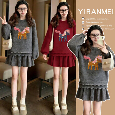 新品现现~2026冬季新款时尚气质减龄新年红色喜庆毛衣+打底裙套装