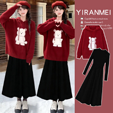 新品现现~2026冬季新款时尚气质减龄新年红色喜庆毛衣+打底裙套装