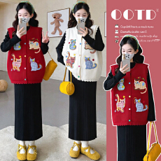 批发实拍现现~2026秋冬<b class='q'>新款</b>网红新年时尚重工小猫拼接马甲+打底裙套装