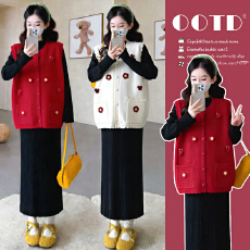 实拍现现~2026秋冬新款网红时尚新年重工钩花拼接马甲+打底裙套装