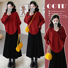 实拍现现~2026冬新款网红时尚跨年圣诞新年喜庆红色毛衣+打底套装