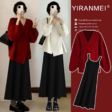 批发新品现现~2026冬季新款时尚气质减龄圣诞红色喜庆毛衣+打底裙套装