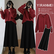 批发新品现现~2026冬季<b class='q'>新款</b>时尚气质减龄新年红色喜庆毛衣+打底裙套装