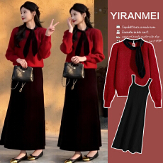 新品现现~2026冬季新款时尚气质减龄新年红色喜庆毛衣+打底裙套装