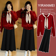 新品现现~2026冬季新款时尚气质减龄新年红色喜庆毛衣+打底裙套装