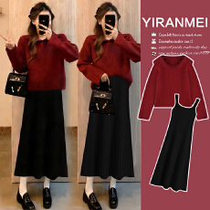 实拍现现~2026冬新款时尚跨年网红喜庆红色上衣+吊带裙打底套装