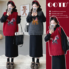 实拍现现~2026冬季新款时尚跨年红色网红小马马甲裙+流苏打底套装