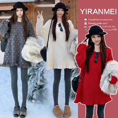 批发新品现现~2026秋冬新款网红时尚甜美风<b class='q'>波点</b>圆领长袖毛衣<b class='q'>连衣裙</b>