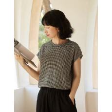 批发2026夏法式文艺14支亚麻黑白格子棉麻<b class='q'>宽松</b>时尚舒适圆领小飞袖<b class='q'>T</b><b class='q'>恤</b>