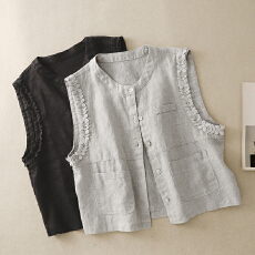 批发实拍<b class='q'>秋</b>季2026 叠穿 亚麻马夹女新款袖口蕾丝花边显瘦背心<b class='q'>秋</b>季马甲