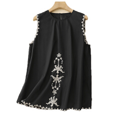 批发洋气减龄2026夏季宽松新中式无袖 重工刺绣 一粒扣衬衫上衣女夏