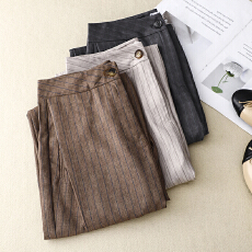批发外贸法国单高腰亚麻九分裤夏季薄款棉麻裤大码胖MM显瘦休闲裤子