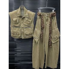 批发美式工装<b class='q'>牛仔</b>套装女早秋设计感小众无袖<b class='q'>马甲</b><b class='q'>背心</b>显瘦阔腿裤两件套