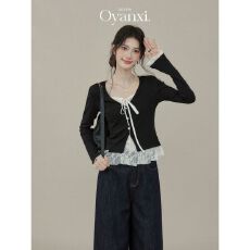 批发蕾丝拼接假两件黑色长袖<b class='q'>t</b><b class='q'>恤</b>女秋季内搭上衣