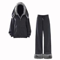 批发400g华棉复合银狐绒原版面料原版做工满天星连帽卫衣阔腿裤女套装